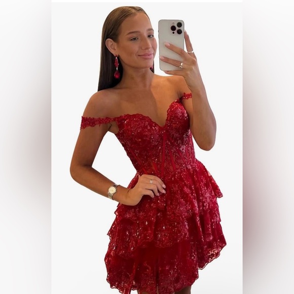 New Stunning Red Sequin Off-Shoulder Tiered Ruffle Mini Dress - Picture 1 of 7